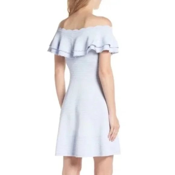 Knit Light Blue Off the Shoulder Fit & Flare Dress - Picture 2 of 8